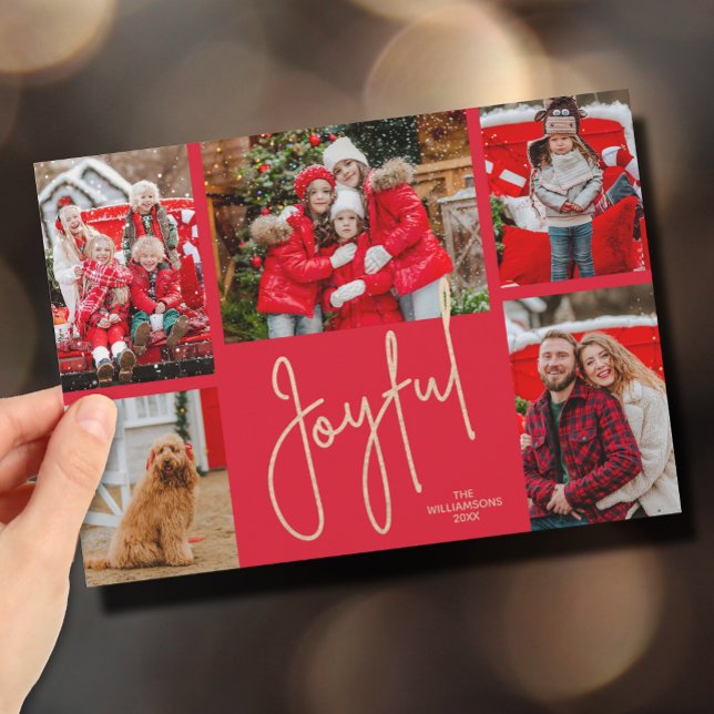 Cartão De Festividades Feliz 5 Foto Natal (Gold JOYFUL Multi Photo Christmas Holiday Cards - INSTANT DOWNLOAD and/or PRINTED or both!)