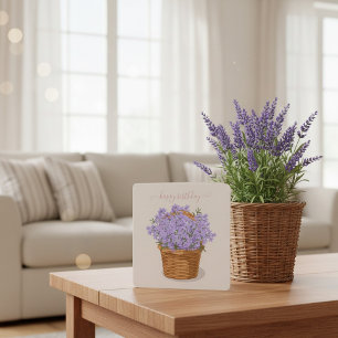 Cartão De Festividades Feliz Aniversário Cesta de Lavanda Desenhada à Mão