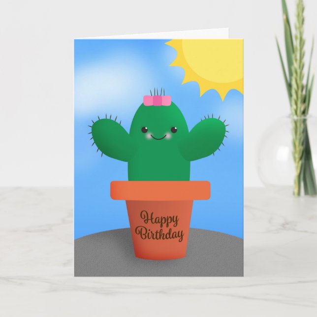 Cartão De Festividades Feliz Aniversário, Cute Cactus, na Ilustração do P (Frente)