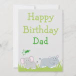 Cartão De Festividades Feliz aniversário de Hippo e Pai Elefante<br><div class="desc">Um cartão de aniversário feliz para o pai, este item apresenta uma cinza de fundo com grama verde, uma frente verde, e um elefante e hipopótamo. "Pai de aniversário feliz" está escrito em uma linda fonte verde. Lá atrás está um lugar para inserir a foto da sua família. Personalize o...</div>