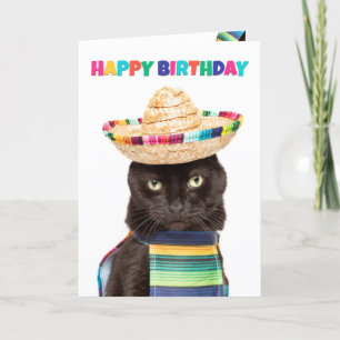 Cartão De Festividades Feliz Aniversário Gato Negro Bonito na Sombrerro