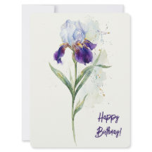 Feliz aniversário íris roxa aquarela floral amor