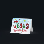 Cartão De Festividades Feliz aniversario Jesus<br><div class="desc">►IMAGE: O nome desenhado mão vermelho e verde brilhante do pastel de Jesus cercou de luzes amarelas felizes da cintilação e cor vermelhos alegres. Esta imagem feliz envia uma mensagem do elogio do Natal. ►COLORS: O Natal vermelho, verde & amarelo colore o ►TEXT: "Feliz aniversario Jesus"…. o ►Design apela aos...</div>