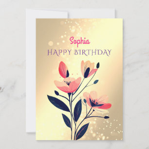 Cartão De Festividades Feliz Aniversário, Nome, Mensagem, Flores em Ouro