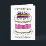 Cartão De Festividades Feliz aniversário para o parceiro do Gay Son<br><div class="desc">Um bolo de aniversário de desenho animado com um arco rosa ao seu redor e várias velas coloridas arco-íris no topo. As palavras "Parabéns ao Parceiro do Meu Filho" acompanham a imagem.</div>