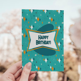 Cartão De Festividades Feliz Aniversário, Teal de Starburst Atômico MCM