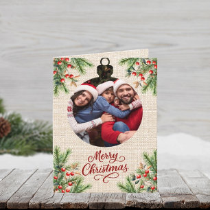 Cartão De Festividades Feliz ano de burlap no Natal, ano de revisão