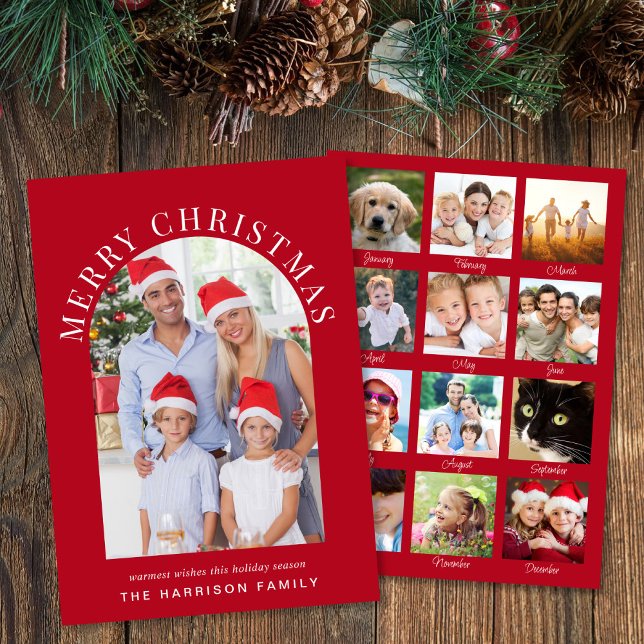Cartão De Festividades Feliz Ano De Foto Do Arch De Natal Em Vermelho De  (This holiday season, let your family's smiles and memories shine on our year in review photo card)