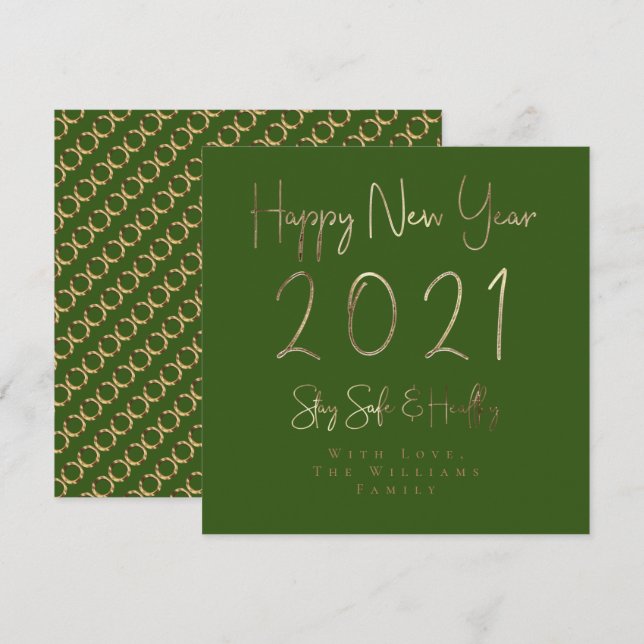 Cartão De Festividades Feliz ano novo 2021 Elegante Dourado Script Verde (Frente/Verso)