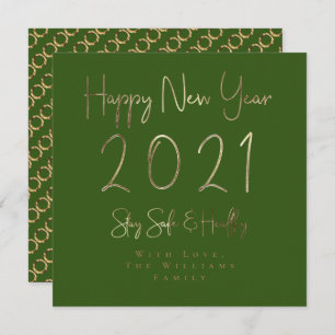 Cartão De Festividades feliz ano novo 2021 Elegante Dourado Script Verde