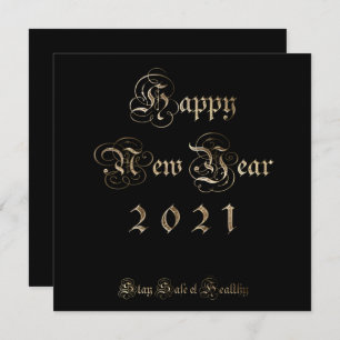 Cartão De Festividades Feliz ano novo 2021 Escrito Elegante Preto e Doura