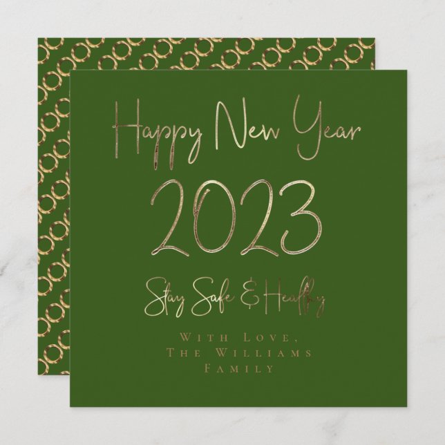 Cartão De Festividades Feliz ano novo 2023 Elegante Dourado Script Verde (Frente/Verso)