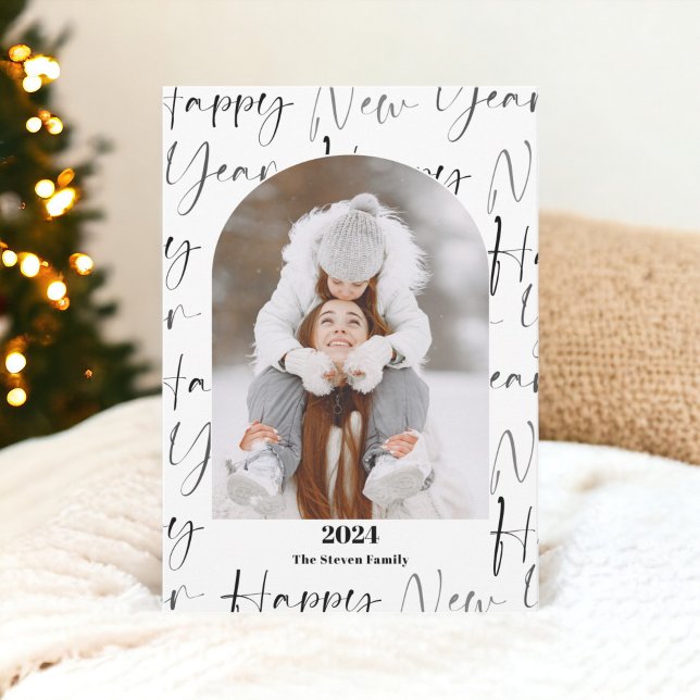 Cartão De Festividades Feliz ano novo 2024 bold script 4 fotos em preto (Happy New Year 2024 bold script 4 photos black Holiday Card)
