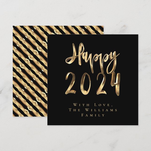Cartão De Festividades Feliz ano novo 2024 Escrito Dourado Elegante (Frente/Verso)