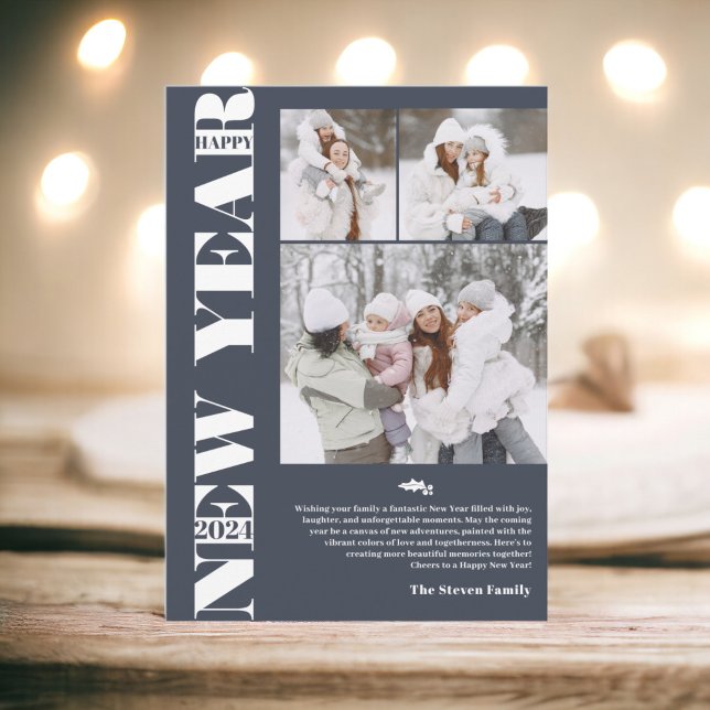 Cartão De Festividades Feliz ano novo 2024 fotos festivas modernas 3 azui (Happy New Year 2024 modern festive 3 photos blue Holiday Card)