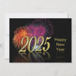 Cartão De Festividades Feliz Ano Novo 2025 de Ouro com Fogos de Artifício