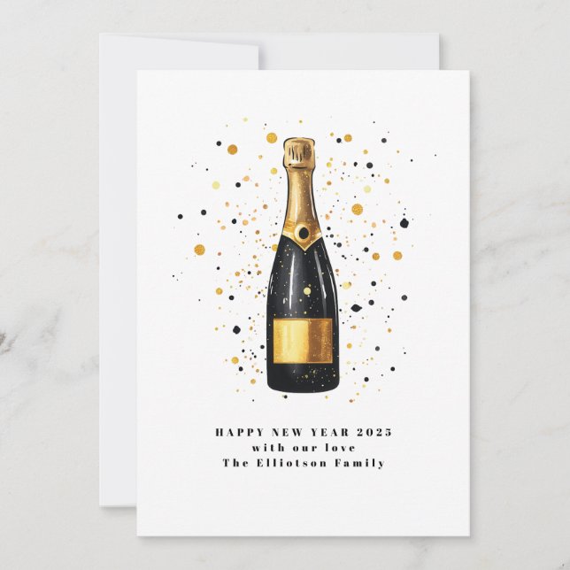 Cartão De Festividades Feliz Ano Novo 2025 Dourado Espumante Preto (Frente)