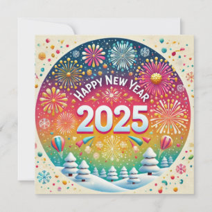 Cartão De Festividades Feliz Ano Novo 2025 Fogos de Artifício Pessoas Apl