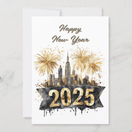 Cartão De Festividades Feliz Ano Novo 2025 Preto e Dourado, Fogos de Arti