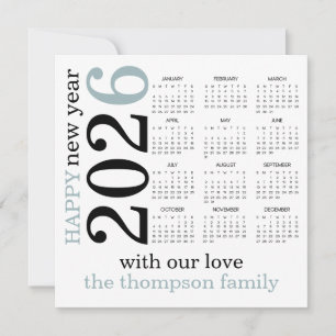 Cartão De Festividades Feliz ano novo 2026 Calendário Branco Azul