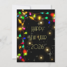 Cartão De Festividades Feliz ano novo 2026, estrelas e guirlandas de ilum