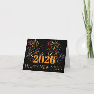 CARTÃO DE FESTIVIDADES FELIZ ANO NOVO 2026 FOGOS DE ARTIFÍCIO DOURADOS