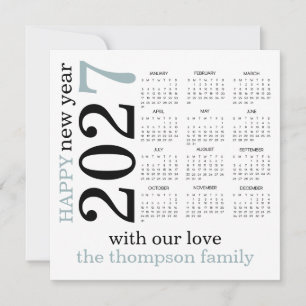 Cartão De Festividades Feliz Ano Novo 2027 Calendário Azul Branco