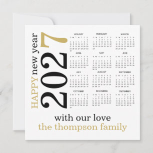 Cartão De Festividades Feliz Ano Novo 2027 Calendário Branco Dourado 