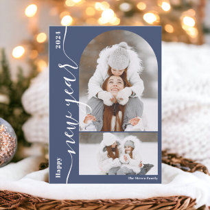 Cartão De Festividades Feliz ano novo 3 fotoarca moderna script azul