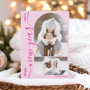 Cartão De Festividades Feliz ano novo 3 fotoarca moderna script rosa-quen