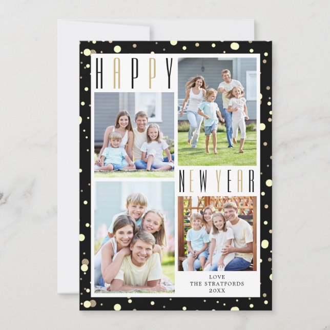 Cartão De Festividades FELIZ ANO NOVO 4 Colagem de Fotos Confetti Preto D (Frente)