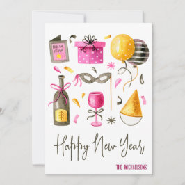 Cartão De Festividades Feliz Ano Novo Aquarela