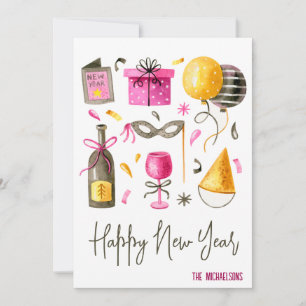 Cartão De Festividades Feliz Ano Novo Aquarela