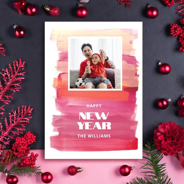 Cartão De Festividades Feliz Ano Novo Aquarela Moderna Natal Rosa (Happy New Year Modern Watercolor Pink Christmas Holiday Card)