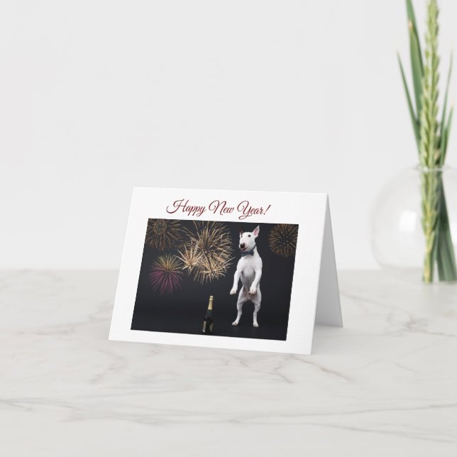 Cartão De Festividades Feliz ano novo Bull Terrier Champagne (Frente)