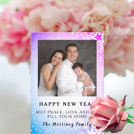 Cartão De Festividades Feliz Ano Novo Cena de neve azul e roxa Família