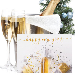 Cartão De Festividades Feliz ano novo Chic Dourado Champagne Streamers