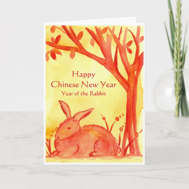 Cartão De Festividades Feliz Ano Novo Chinês Da Aquarela De Coelho (Frente)