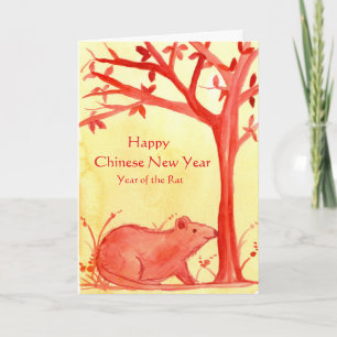 Cartão De Festividades Feliz Ano Novo Chinês Da Aquarela De Rato