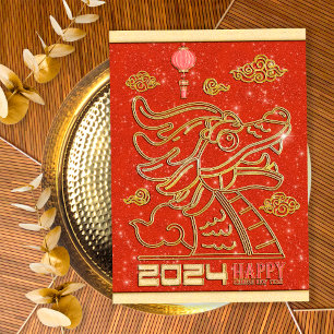 Cartão De Festividades Feliz Ano Novo Chinês Vermelho Dourado do Dragão 2