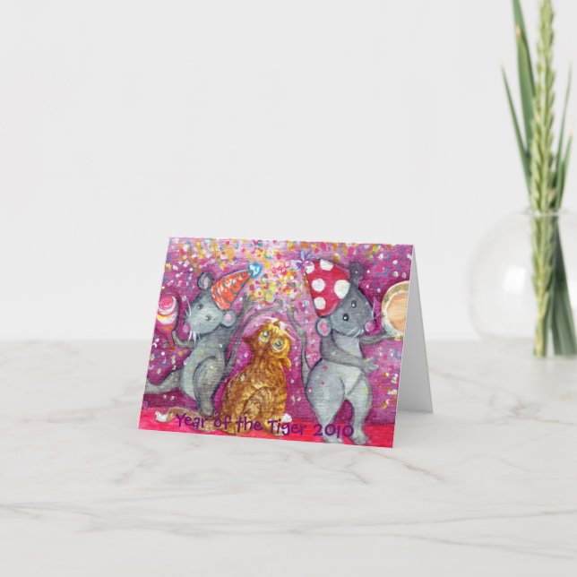 Cartão De Festividades Feliz Ano Novo com Ratos e um Gato (Frente)