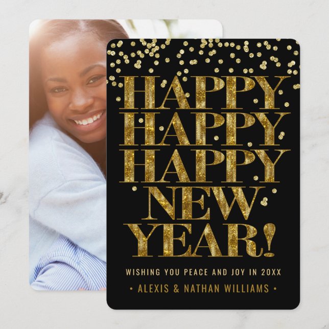Cartão De Festividades Feliz Ano Novo | Confetes Dourados Negrito 1 Foto (Frente/Verso)