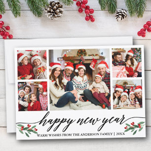 Cartão De Festividades Feliz ano novo da família de fotos Modern Calliogr