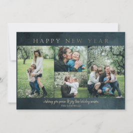 Cartão De Festividades Feliz ano novo de 4 fotos Douradas azuis