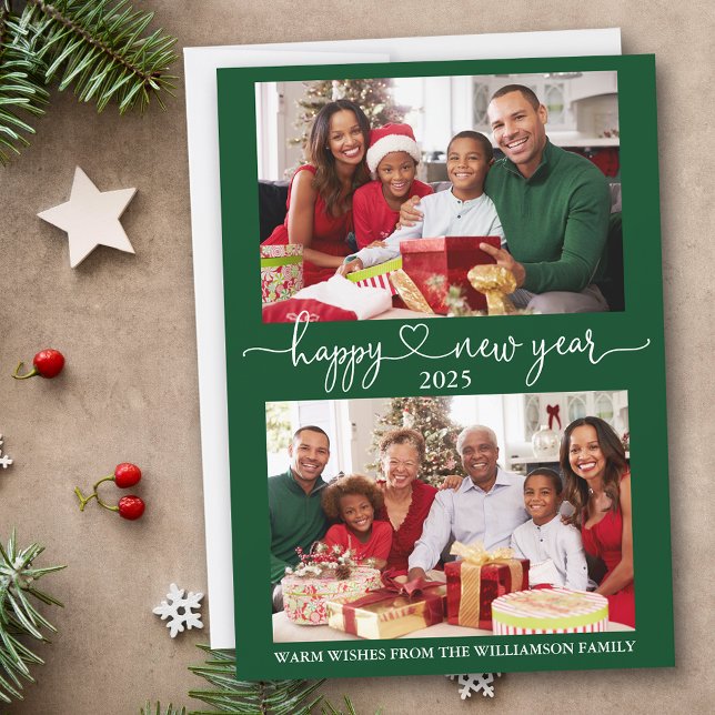 Cartão De Festividades Feliz ano novo de Caligrafia Verde 2 Foto (Customize to add text to back of card.)