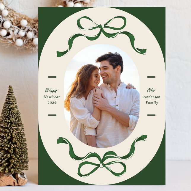 Cartão De Festividades Feliz ano novo de fitas verdes 2026 Foto (Criador carregado)
