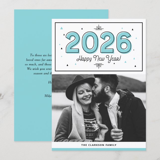 Cartão De Festividades Feliz ano novo de Fotografia Geométrica Azul (Frente/Verso)