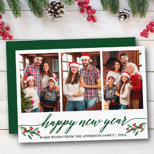 Cartão De Festividades Feliz ano novo de Fotografia Moderna 3 Verde