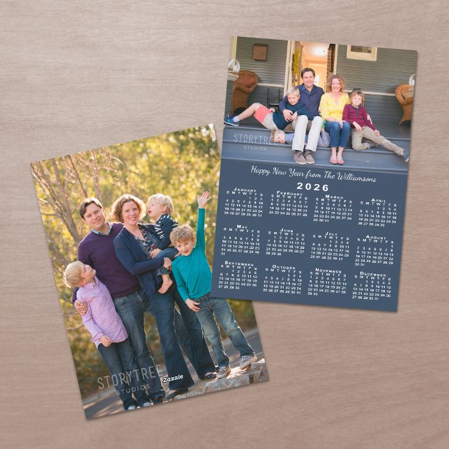 Cartão De Festividades Feliz ano novo de Fotos Personalizadas do Calendár (Blue 2026 Calendar 2 Custom Photos Happy New Year Holiday Card, front/back)