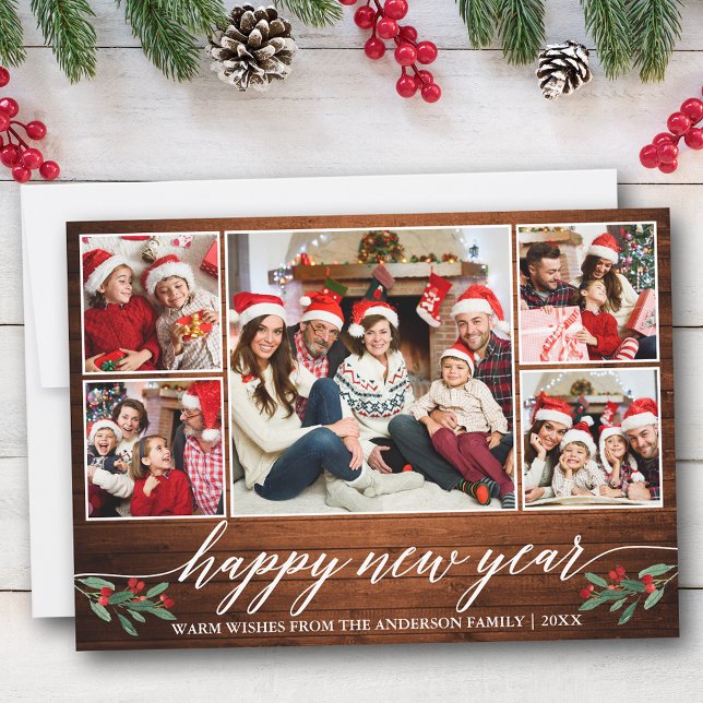 Cartão De Festividades Feliz ano novo de Madeira Fotográfica 5 para Calig (Customize to add text to back of card.)
